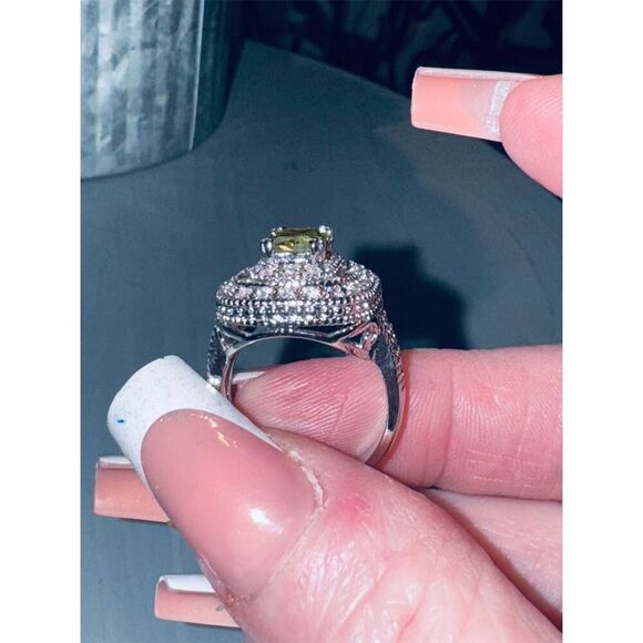 Cushion Double Halo Green Peridot Sterling Silver Cocktail ring in size 7. - Picture 11 of 12